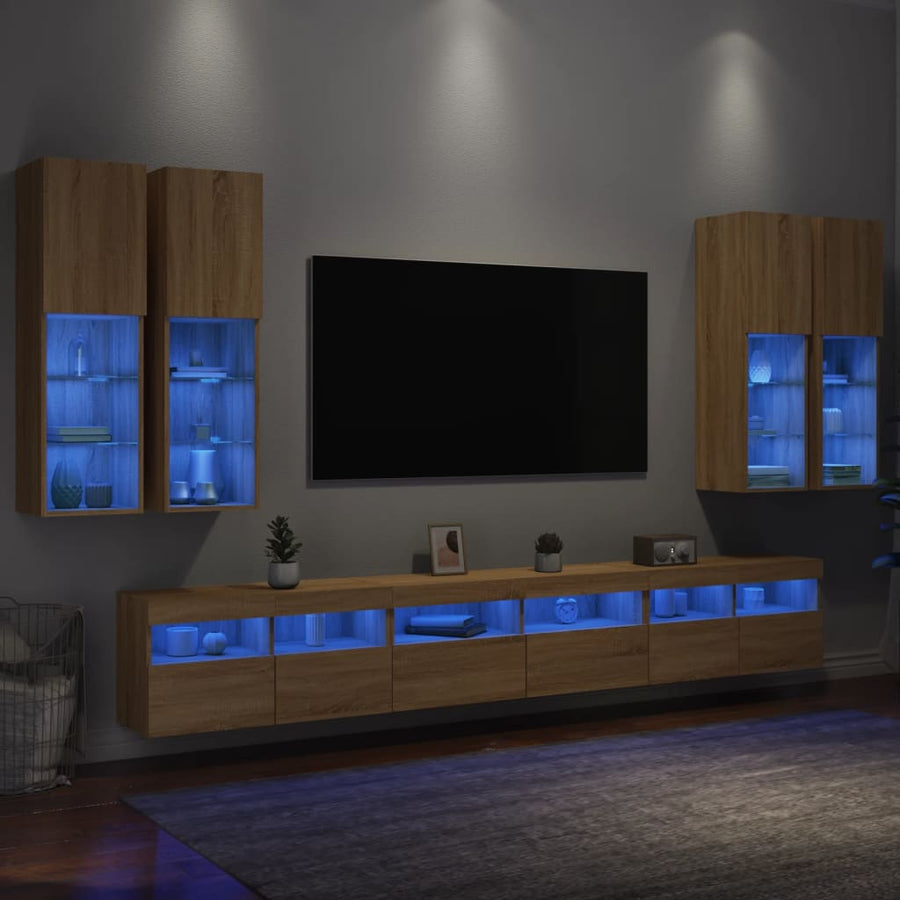 7-Delige Tv-Wandmeubelset Met Led-Verlichting Sonoma Eikenkleur