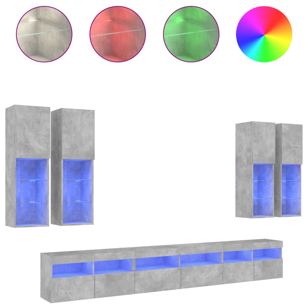 7-delige Tv-wandmeubelset met LED-verlichting betongrijs