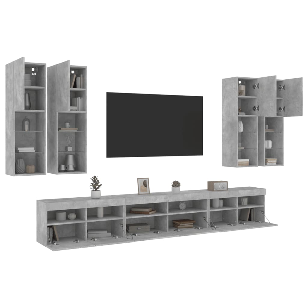 7-delige Tv-wandmeubelset met LED-verlichting betongrijs