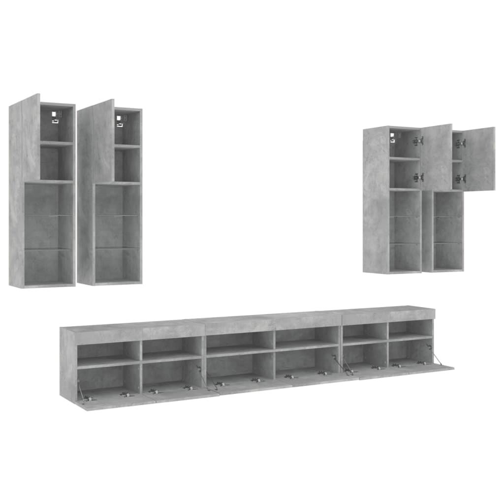 7-delige Tv-wandmeubelset met LED-verlichting betongrijs