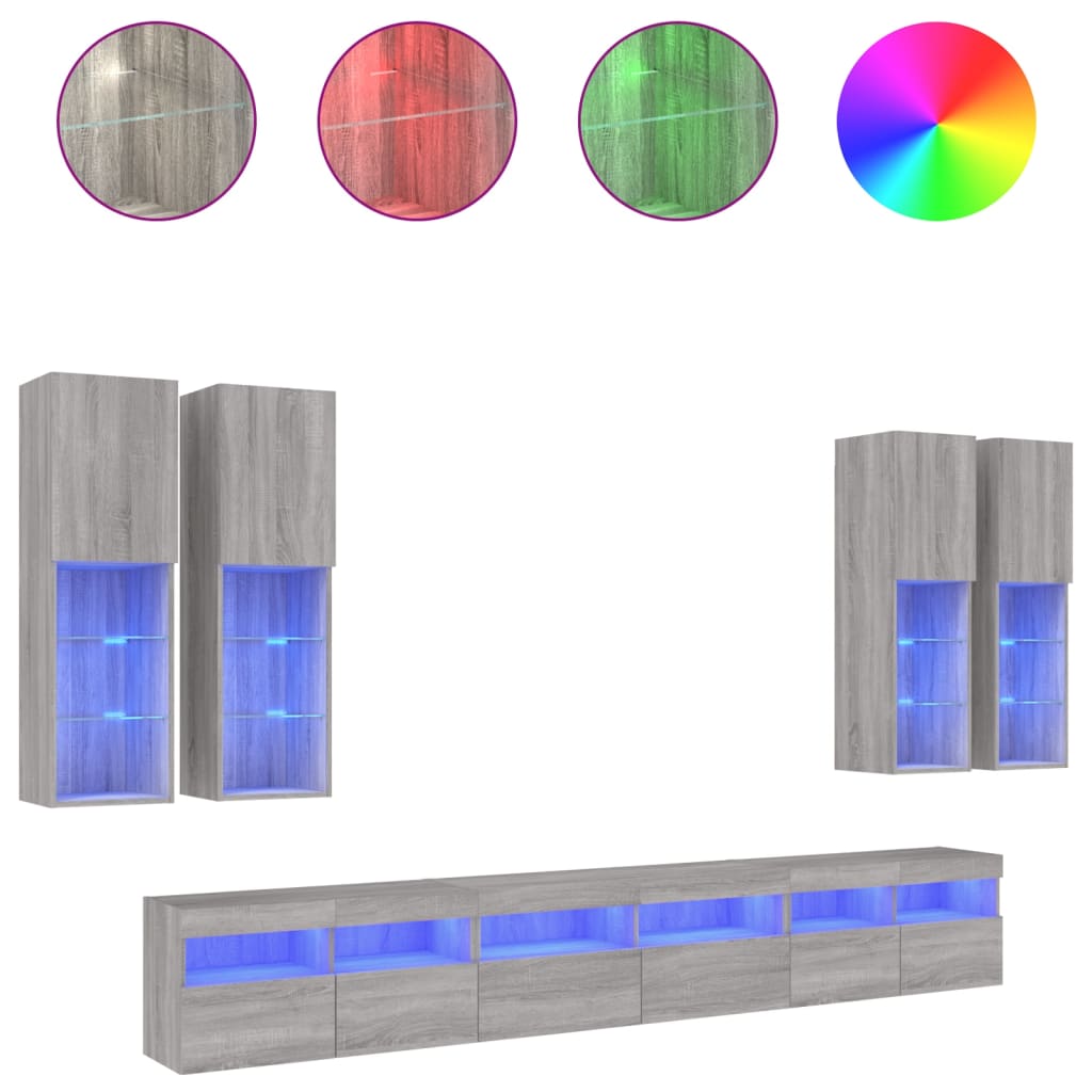 7-delige Tv-wandmeubelset met LED-verlichting grijs sonoma