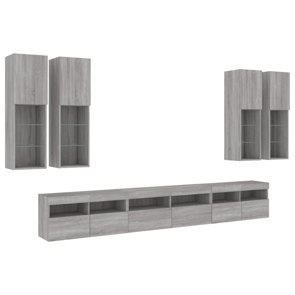 7-delige Tv-wandmeubelset met LED-verlichting grijs sonoma