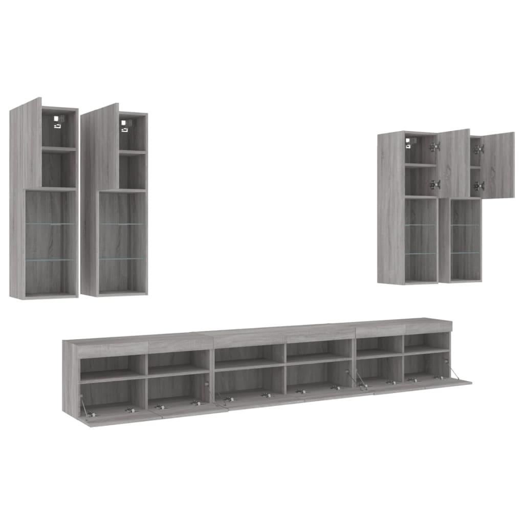 7-delige Tv-wandmeubelset met LED-verlichting grijs sonoma