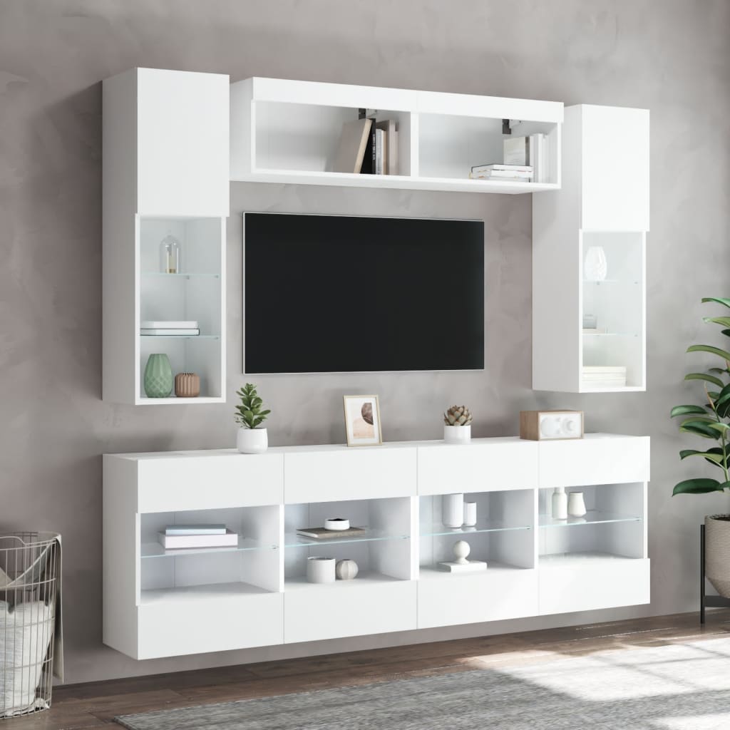 6-delige Tv-wandmeubelset met LED-verlichting wit