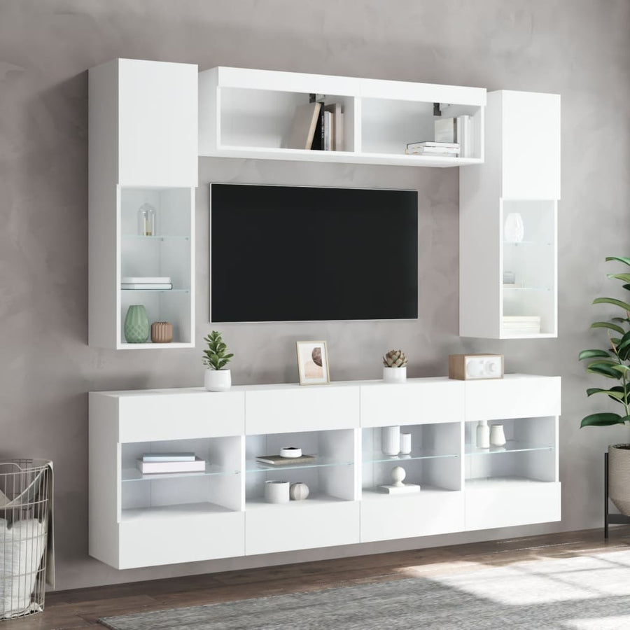 6-delige Tv-wandmeubelset met LED-verlichting wit