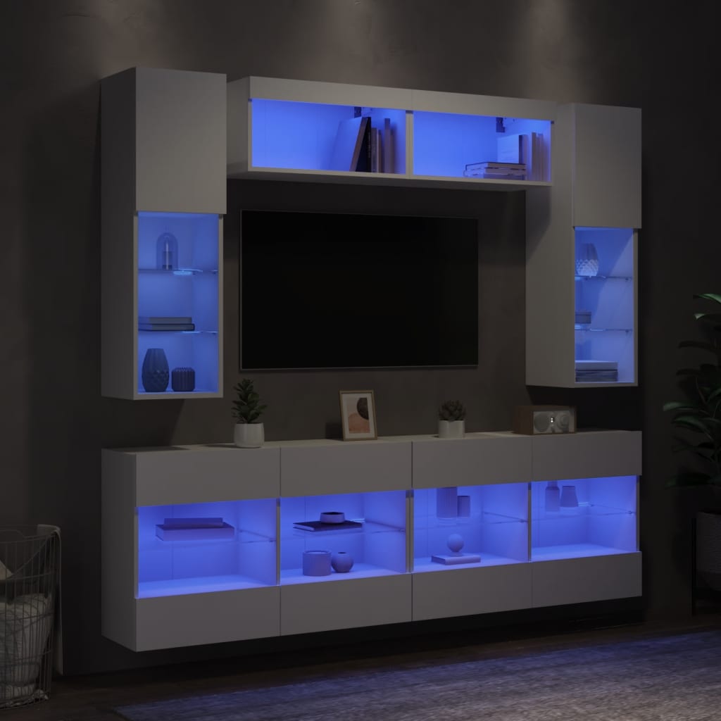 6-delige Tv-wandmeubelset met LED-verlichting wit