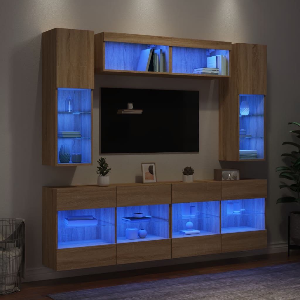 6-delige Tv-wandmeubelset met LED-verlichting sonoma eikenkleur