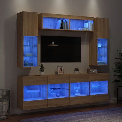 6-delige Tv-wandmeubelset met LED-verlichting sonoma eikenkleur