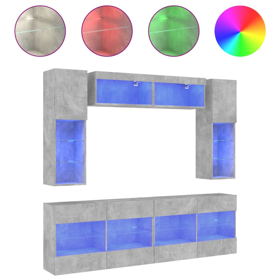 6-delige Tv-wandmeubelset met LED-verlichting betongrijs