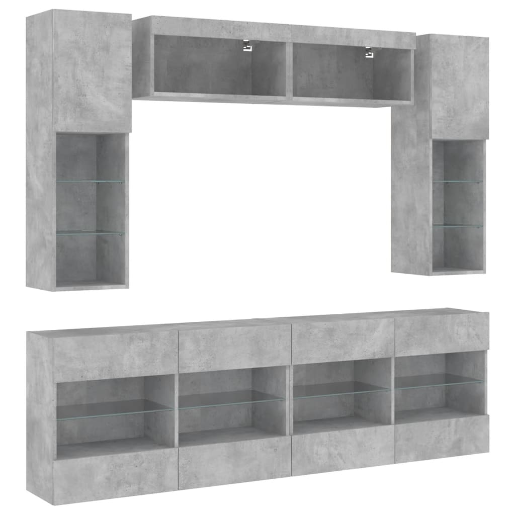 6-delige Tv-wandmeubelset met LED-verlichting betongrijs