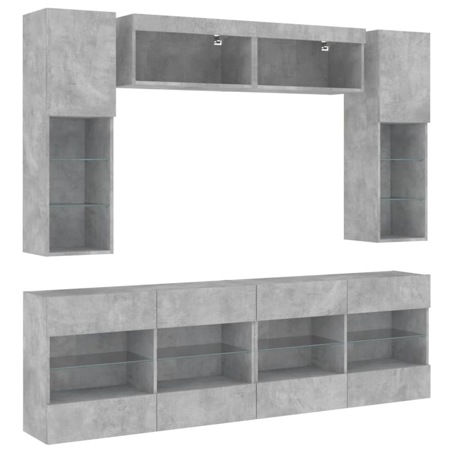 6-delige Tv-wandmeubelset met LED-verlichting betongrijs