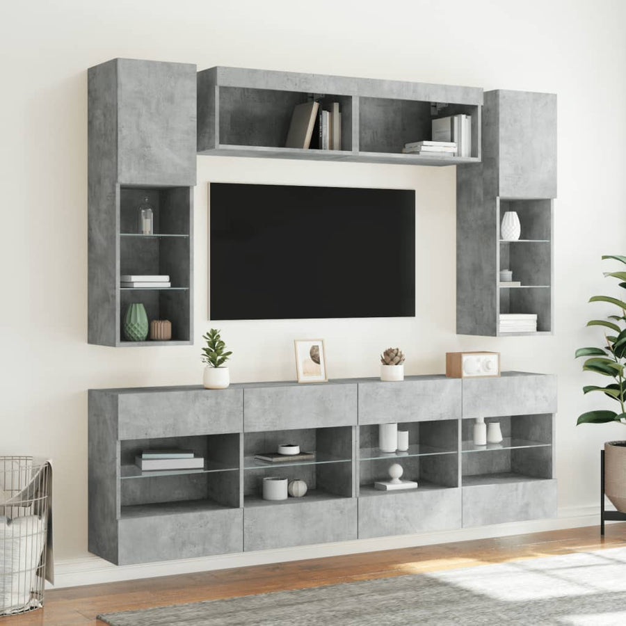 6-delige Tv-wandmeubelset met LED-verlichting betongrijs