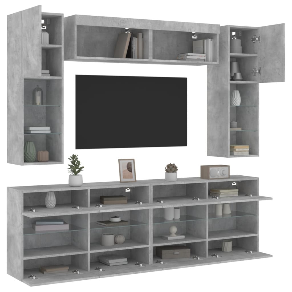 6-delige Tv-wandmeubelset met LED-verlichting betongrijs