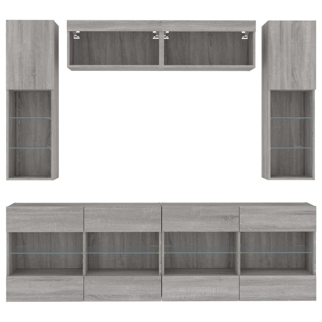 6-delige Tv-wandmeubelset met LED-verlichting betongrijs