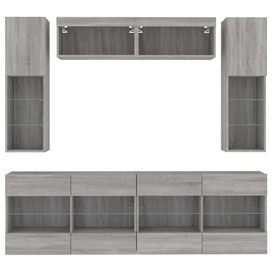6-delige Tv-wandmeubelset met LED-verlichting betongrijs