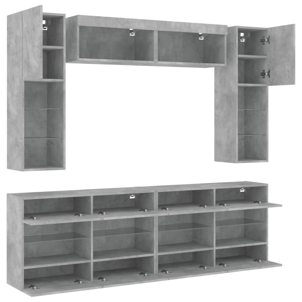 6-delige Tv-wandmeubelset met LED-verlichting betongrijs