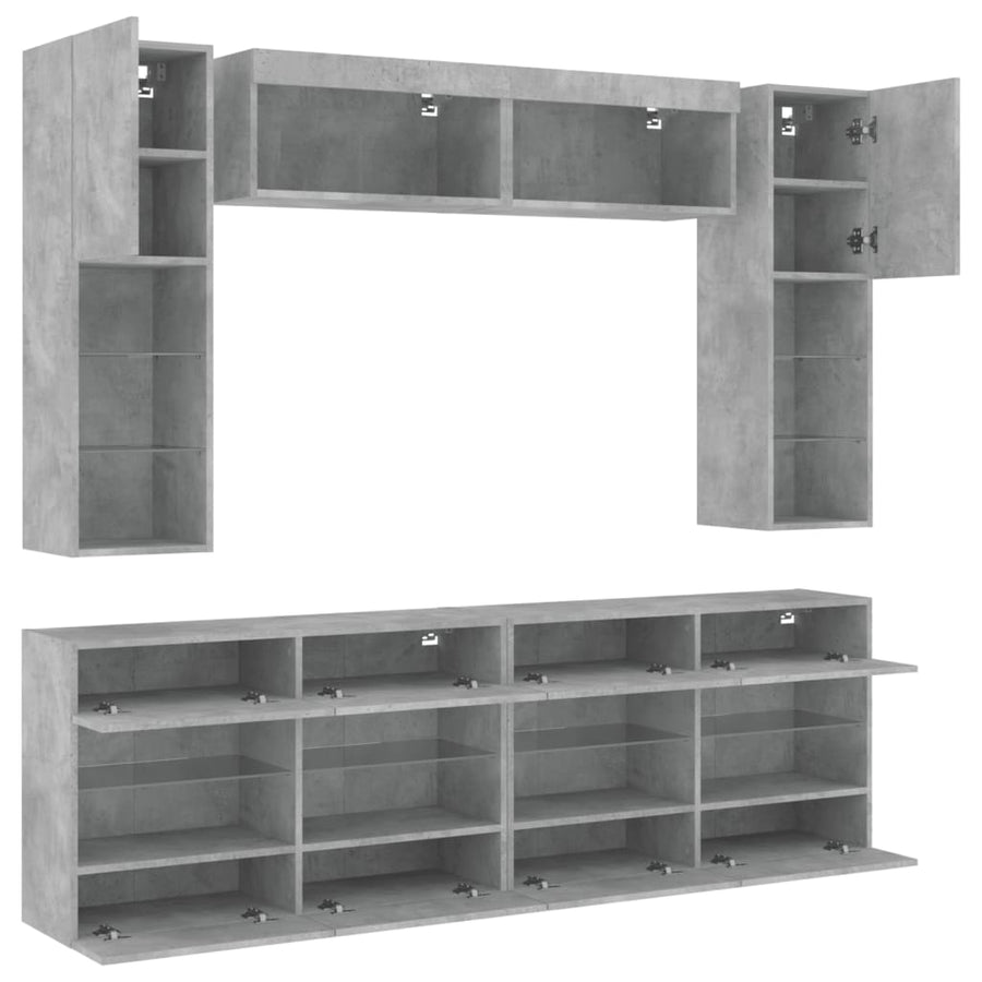 6-delige Tv-wandmeubelset met LED-verlichting betongrijs