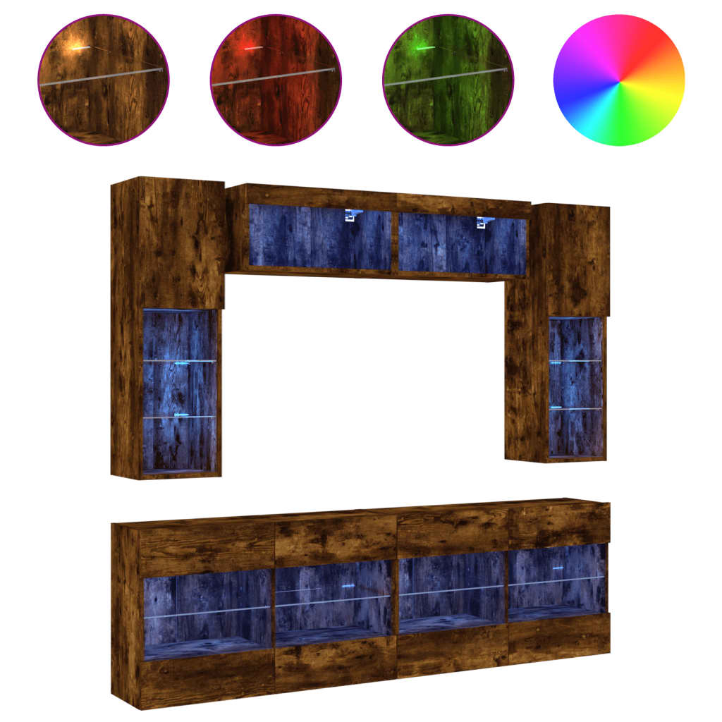 6-delige Tv-wandmeubelset met LED-verlichting gerookt eiken