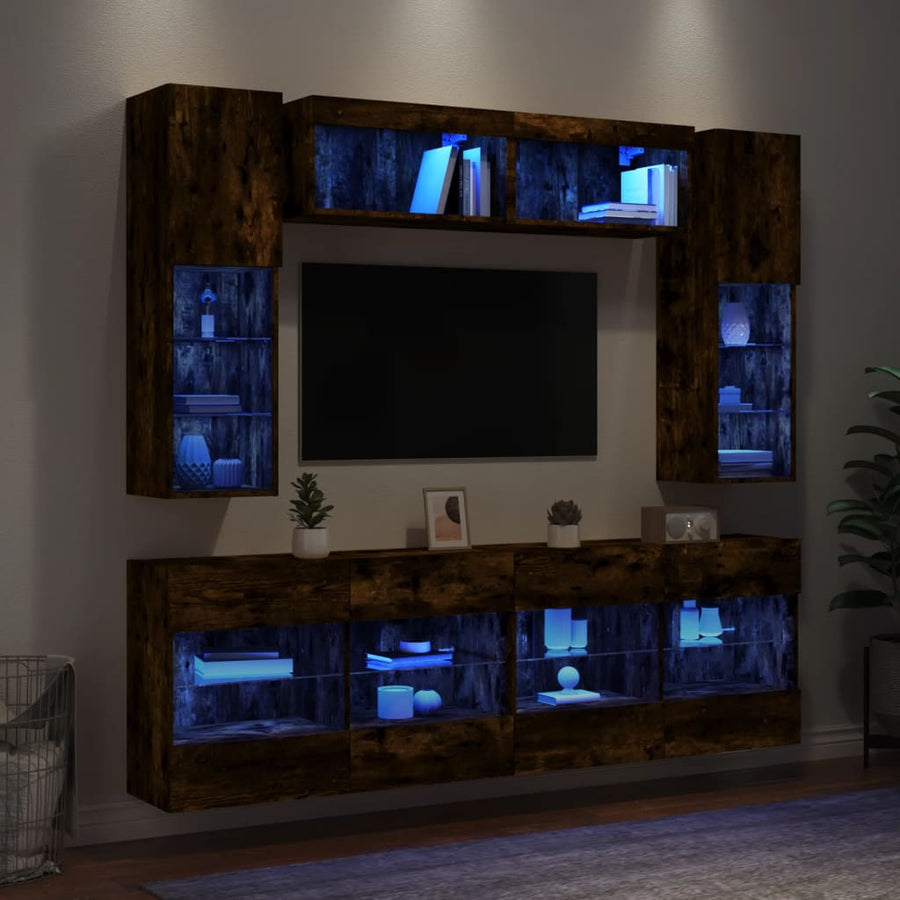 6-delige Tv-wandmeubelset met LED-verlichting gerookt eiken