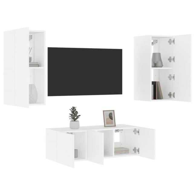 4-Delige Tv-Wandmeubelset Met Led-Verlichting Bewerkt Hout Wit