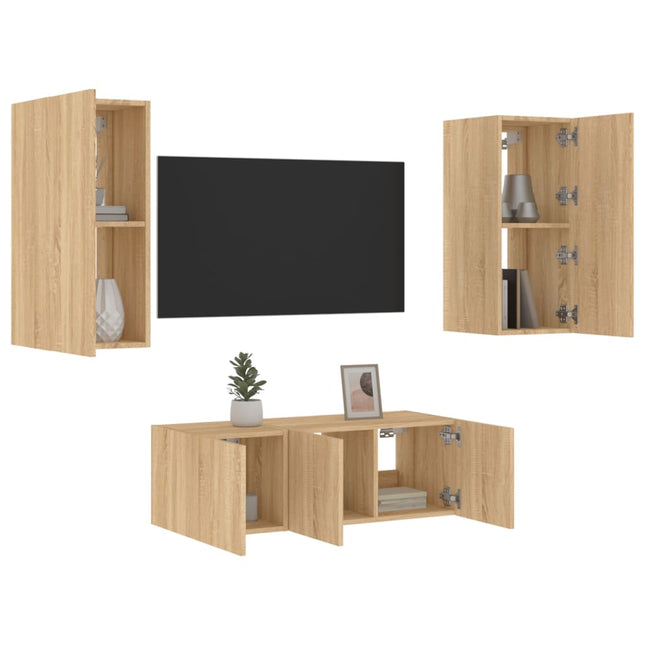 4-Delige Tv-Wandmeubelset Met Led Bewerkt Hout Sonoma eiken