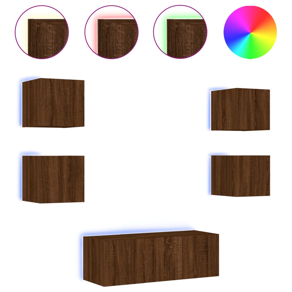6-Delige Tv-Wandmeubelset Met Led Bewerkt Hout Bruineikenkleur bruin eikenkleur