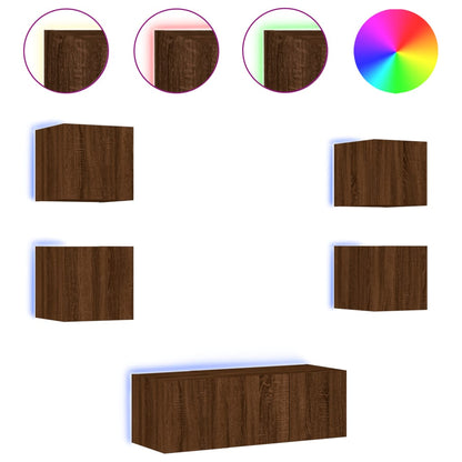 6-Delige Tv-Wandmeubelset Met Led Bewerkt Hout Bruineikenkleur bruin eikenkleur