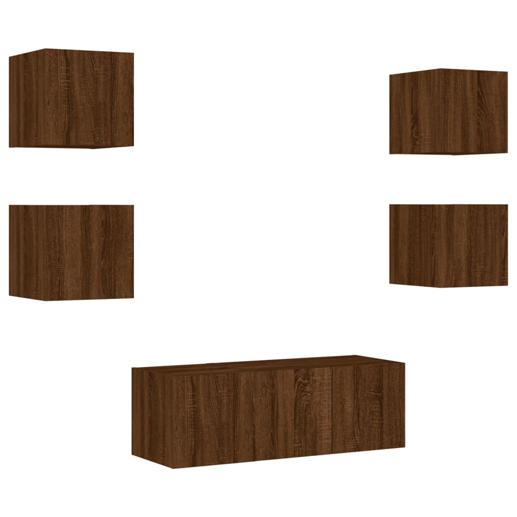 6-Delige Tv-Wandmeubelset Met Led Bewerkt Hout Bruineikenkleur bruin eikenkleur