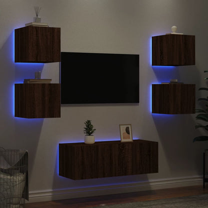 6-Delige Tv-Wandmeubelset Met Led Bewerkt Hout Bruineikenkleur bruin eikenkleur