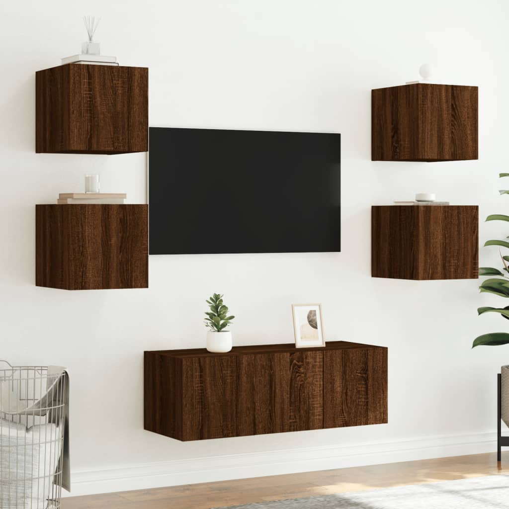 6-Delige Tv-Wandmeubelset Met Led Bewerkt Hout Bruineikenkleur bruin eikenkleur