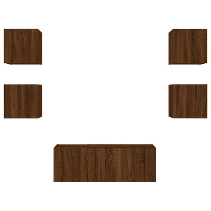 6-Delige Tv-Wandmeubelset Met Led Bewerkt Hout Bruineikenkleur bruin eikenkleur