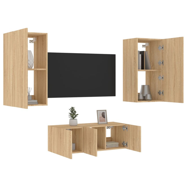 4-Delige Tv-Wandmeubelset Met Led Bewerkt Hout Sonoma eiken