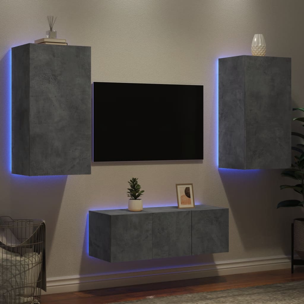 4-Delige Tv-Wandmeubelset Met Led Bewerkt Hout Betongrijs
