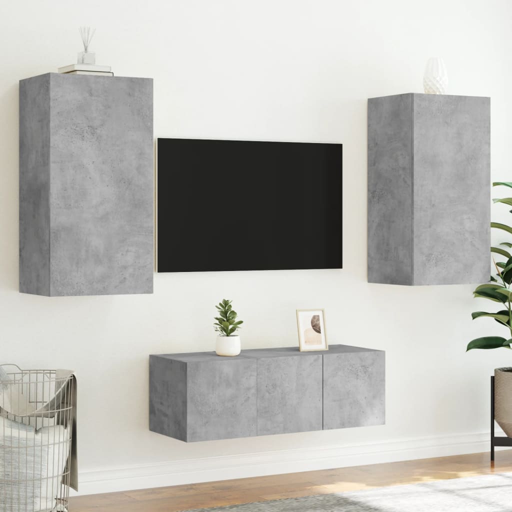 4-Delige Tv-Wandmeubelset Met Led Bewerkt Hout Betongrijs