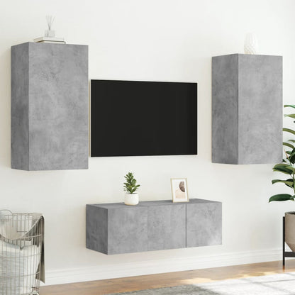 4-Delige Tv-Wandmeubelset Met Led Bewerkt Hout Betongrijs