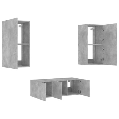 4-Delige Tv-Wandmeubelset Met Led Bewerkt Hout Betongrijs