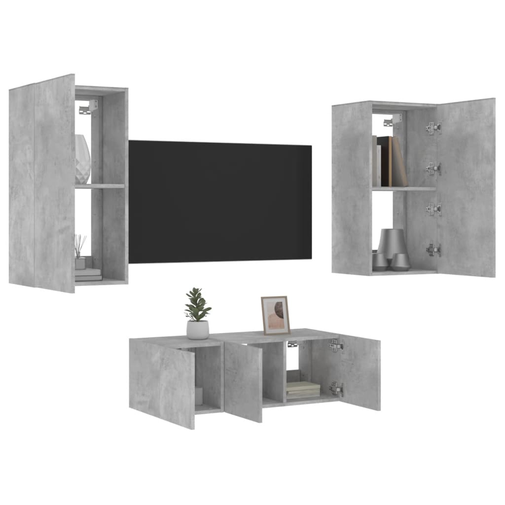4-Delige Tv-Wandmeubelset Met Led Bewerkt Hout Betongrijs