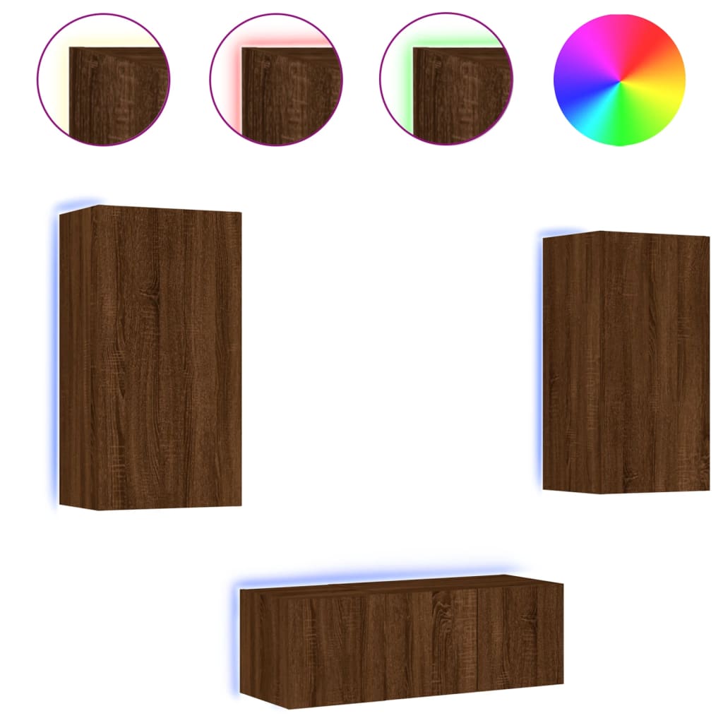 4-Delige Tv-Wandmeubelset Met Led Bewerkt Hout Bruineikenkleur bruin eikenkleur
