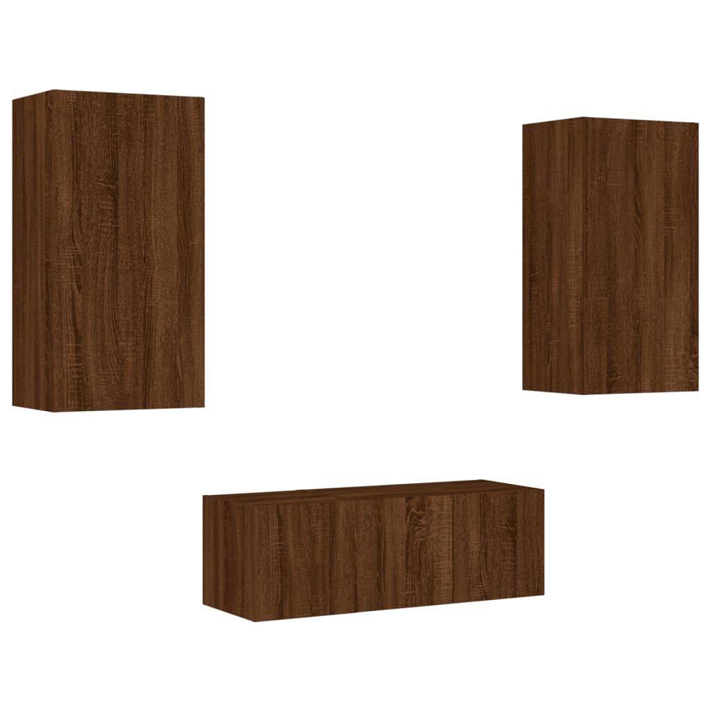 4-Delige Tv-Wandmeubelset Met Led Bewerkt Hout Bruineikenkleur bruin eikenkleur