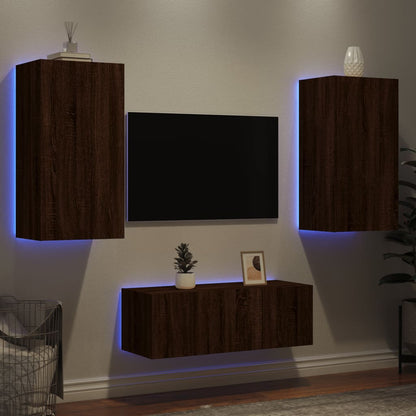 4-Delige Tv-Wandmeubelset Met Led Bewerkt Hout Bruineikenkleur bruin eikenkleur