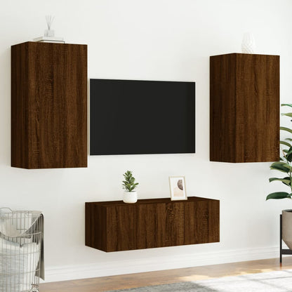 4-Delige Tv-Wandmeubelset Met Led Bewerkt Hout Bruineikenkleur bruin eikenkleur
