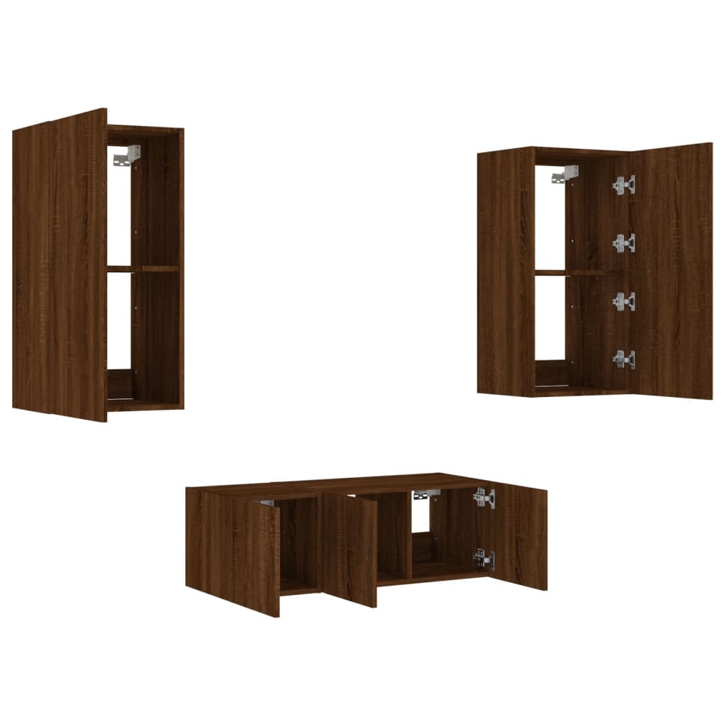 4-Delige Tv-Wandmeubelset Met Led Bewerkt Hout Bruineikenkleur bruin eikenkleur
