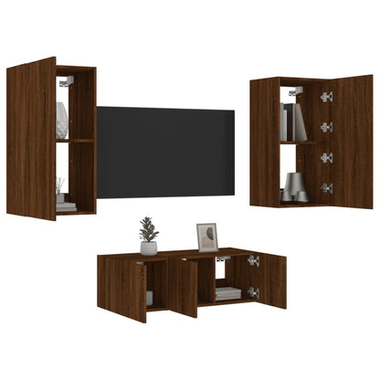 4-Delige Tv-Wandmeubelset Met Led Bewerkt Hout Bruineikenkleur bruin eikenkleur