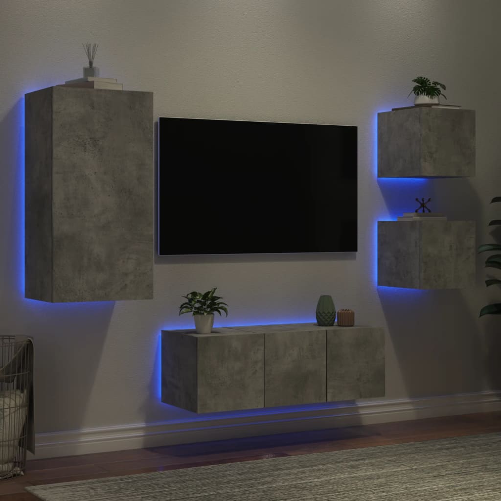 5-Delige Tv-Wandmeubelset Met Led Bewerkt Hout Betongrijs