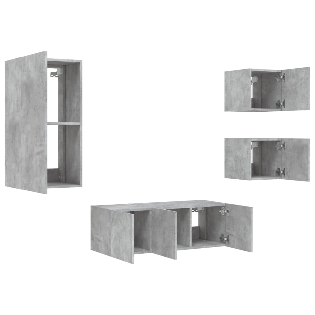 5-Delige Tv-Wandmeubelset Met Led Bewerkt Hout Betongrijs
