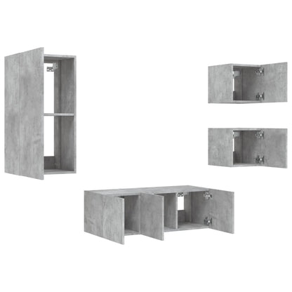 5-Delige Tv-Wandmeubelset Met Led Bewerkt Hout Betongrijs