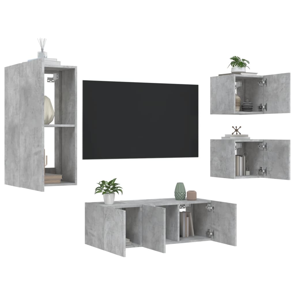 5-Delige Tv-Wandmeubelset Met Led Bewerkt Hout Betongrijs
