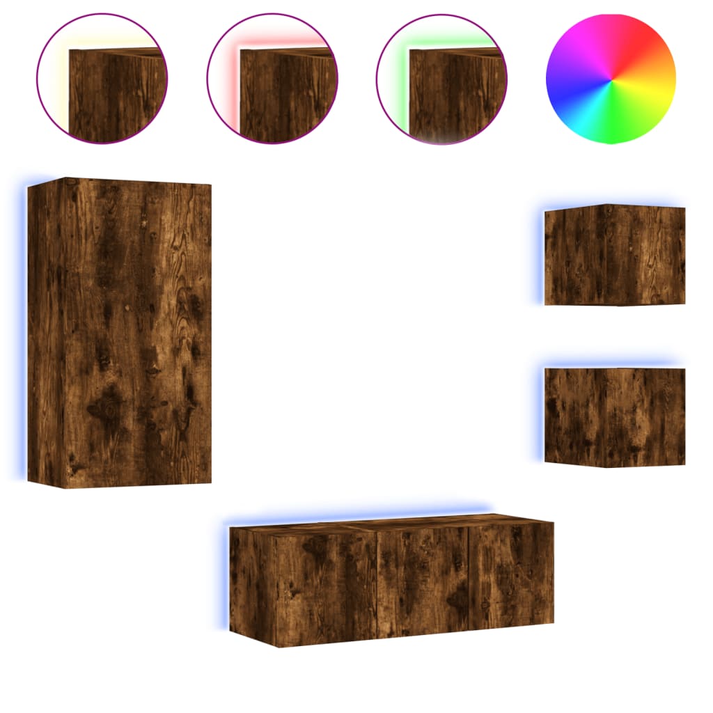 5-Delige Tv-Wandmeubelset Met Led Bewerkt Hout Gerookt eiken