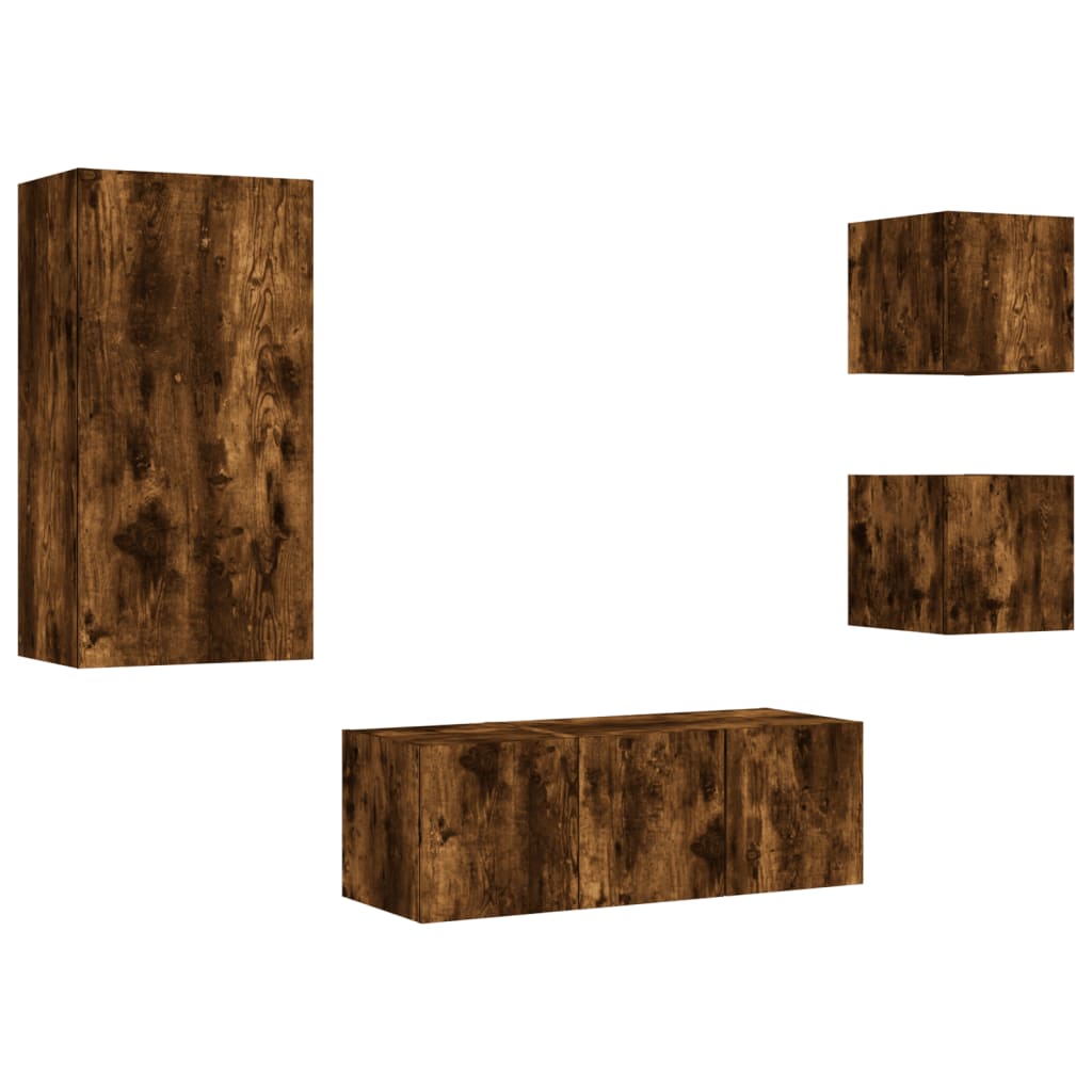 5-Delige Tv-Wandmeubelset Met Led Bewerkt Hout Gerookt eiken
