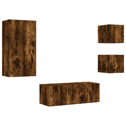 5-Delige Tv-Wandmeubelset Met Led Bewerkt Hout Gerookt eiken